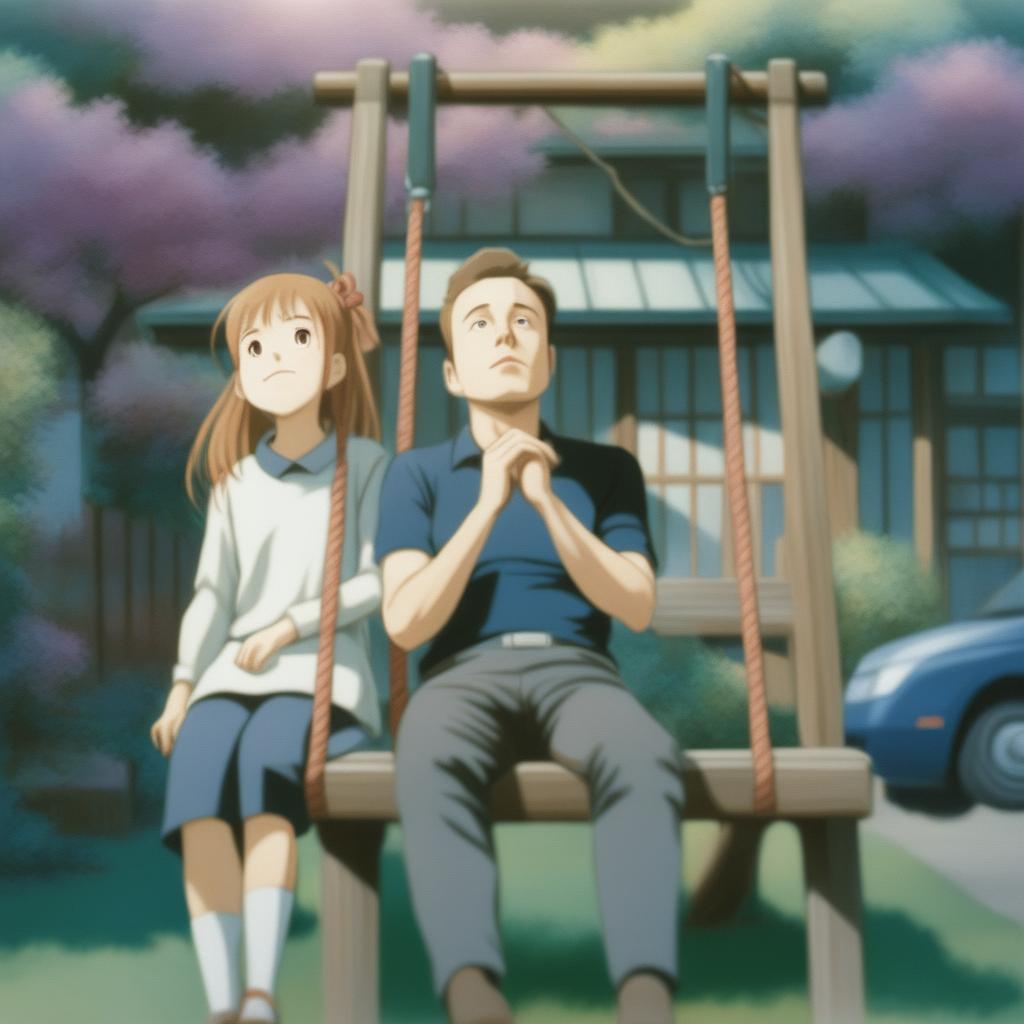 A high-quality, Japanese anime-style digital art piece showcasing Elon Musk and a girl standing on a swing.