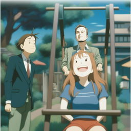 A high-quality, Japanese anime-style digital art piece showcasing Elon Musk and a girl standing on a swing.