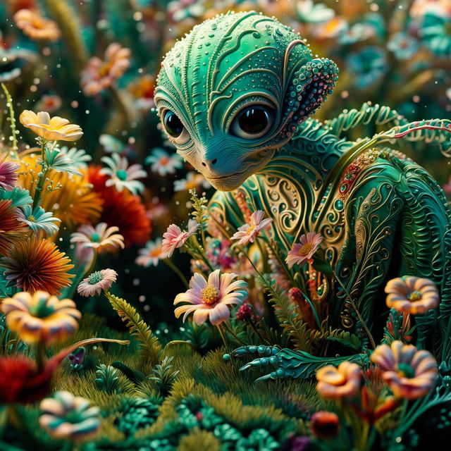 Hyper-realistic 3D Rococo-inspired photography of an intelligent alien in a vibrant, flower-filled mythical meadow, captured in a close-up, high-definition shot.