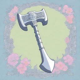 A digital art image showcasing a large war-hammer, crafted meticulously from silver