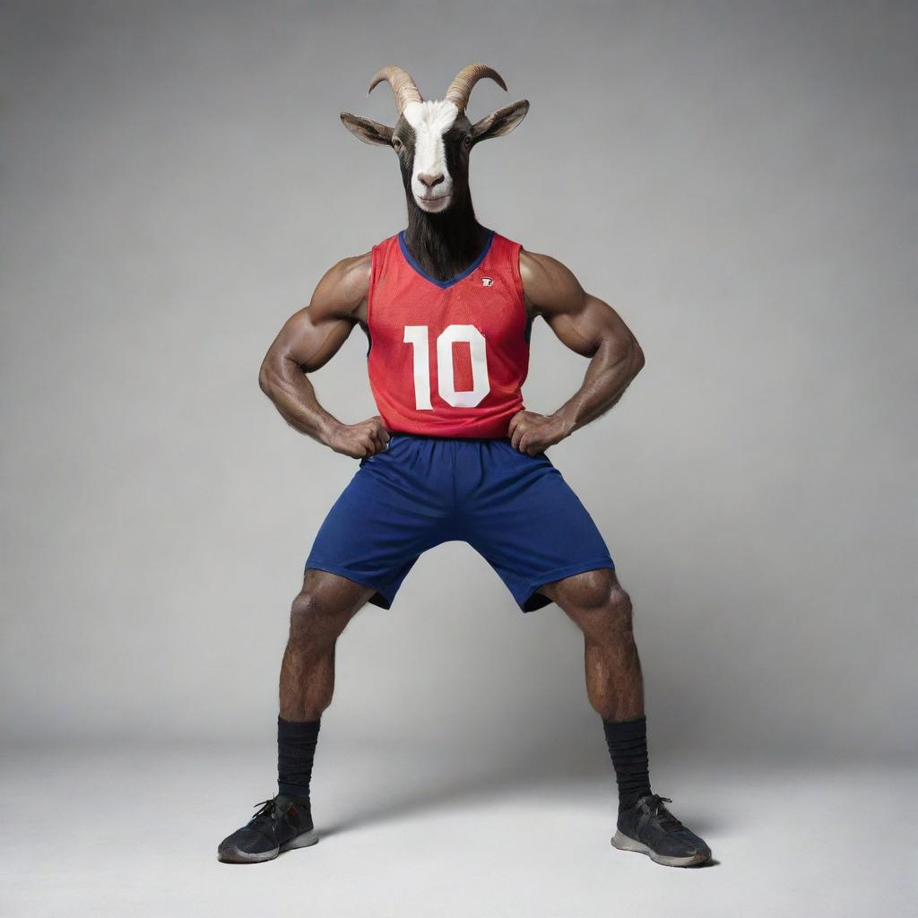 A muscular goat in athletic stance, adorned with a jersey bearing the number ten.