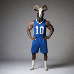 A muscular goat in athletic stance, adorned with a jersey bearing the number ten.