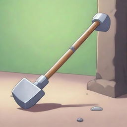 A captivating digital art image, depicting a large war-hammer with a shiny silver head and a robust wooden handle, resting on a stone floor