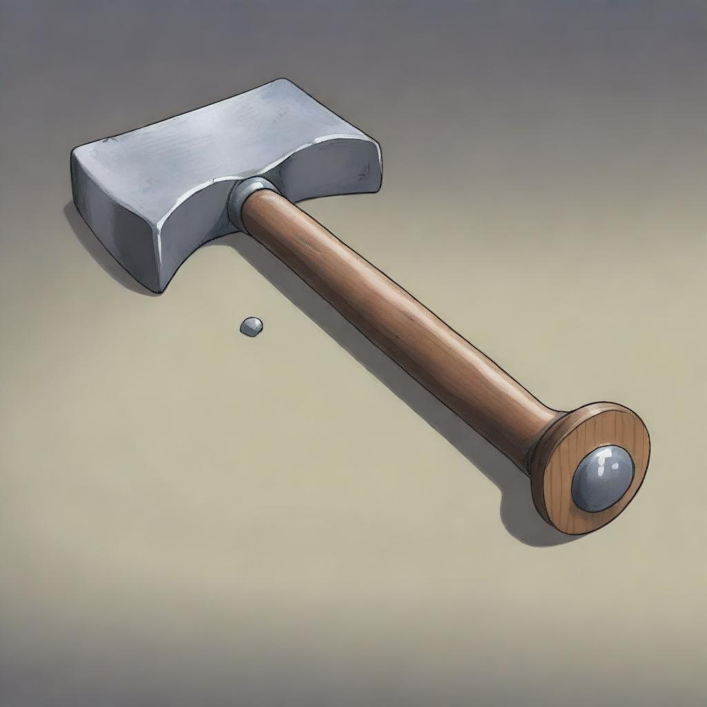 A captivating digital art image, depicting a large war-hammer with a shiny silver head and a robust wooden handle, resting on a stone floor