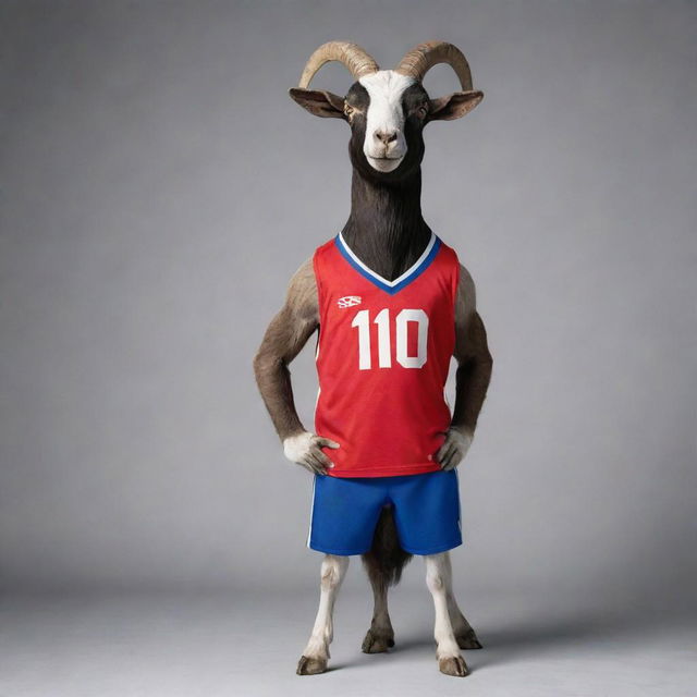 A muscular goat in athletic stance, adorned with a jersey bearing the number ten.