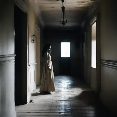 She cautiously entered the old, haunted house, feeling a sense of dread in that dimly lit hallway.