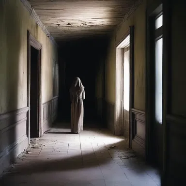 She cautiously entered the old, haunted house, feeling a sense of dread in that dimly lit hallway.