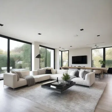 The sleek and modern living room had a minimalist design, with clean lines and neutral colors in that spacious open floor plan.