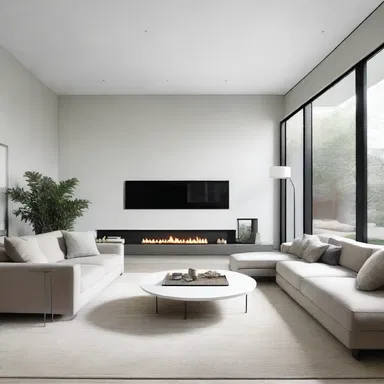 The sleek and modern living room had a minimalist design, with clean lines and neutral colors in that spacious open floor plan.
