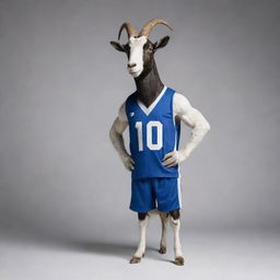 A muscular goat in athletic stance, adorned with a jersey bearing the number ten.