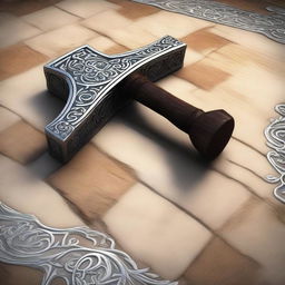 This digital art image features an ornate, large war-hammer, composed of intricately designed silver and a sturdy wooden handle, lying on a textured stone floor