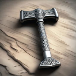 This digital art image features an ornate, large war-hammer, composed of intricately designed silver and a sturdy wooden handle, lying on a textured stone floor