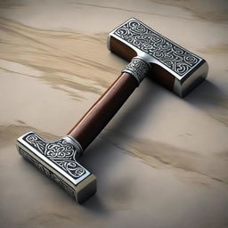 This digital art image features an ornate, large war-hammer, composed of intricately designed silver and a sturdy wooden handle, lying on a textured stone floor