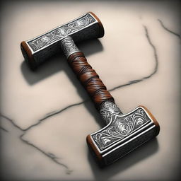 This digital art image features an ornate, large war-hammer, composed of intricately designed silver and a sturdy wooden handle, lying on a textured stone floor