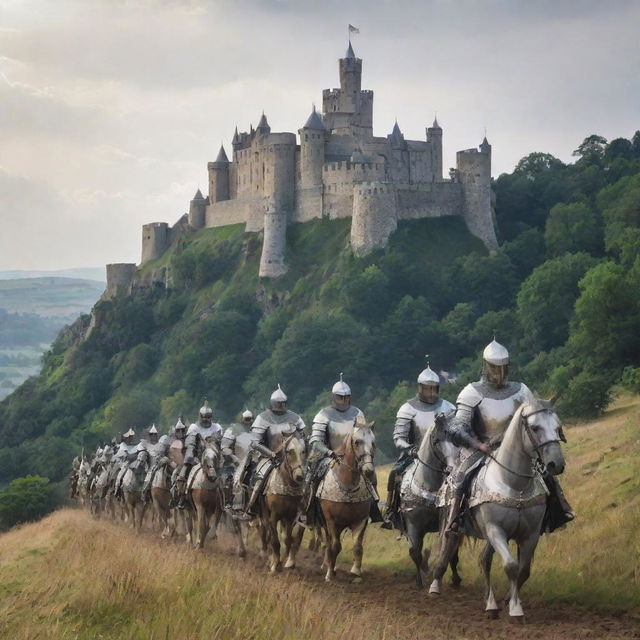 A procession of gallant knights, clad in gleaming armor, advancing toward a majestic castle on a hill.