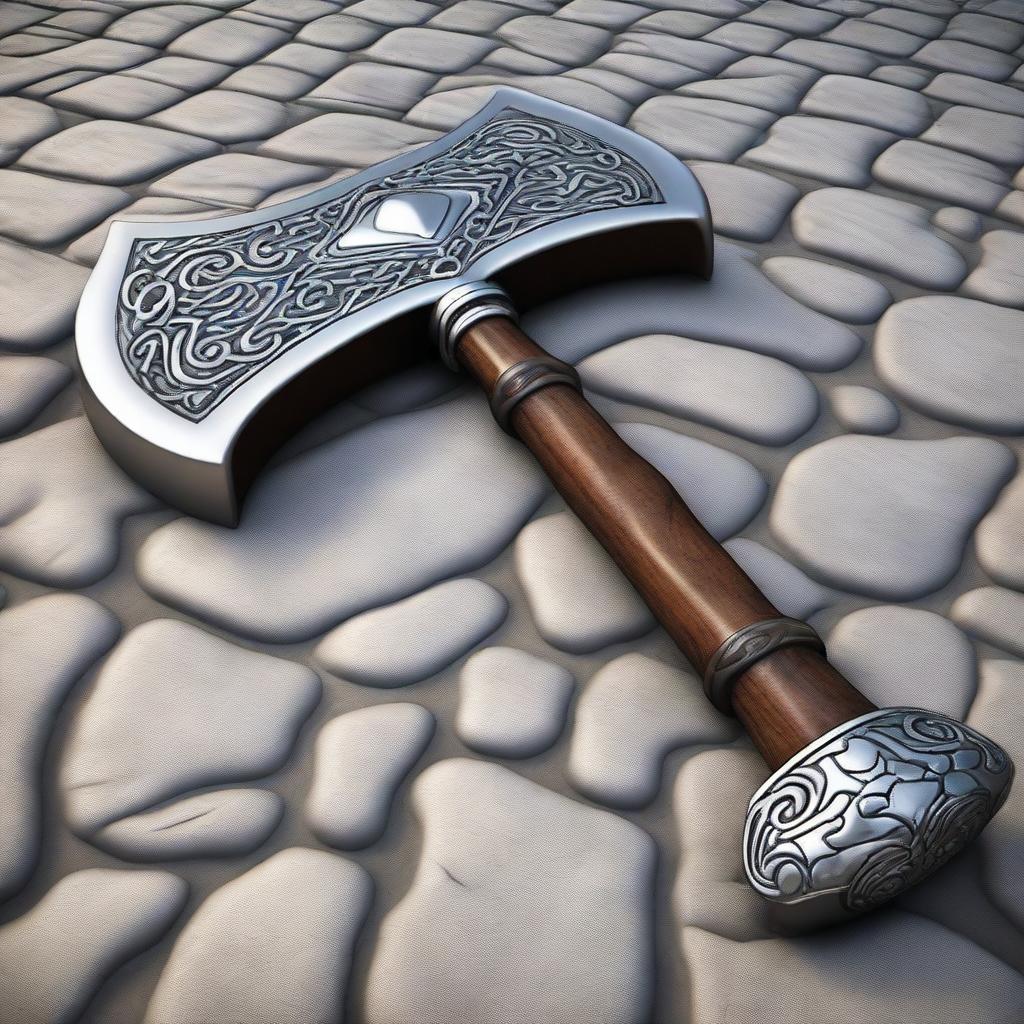 A high-quality digital art image, presenting a large battle axe, crafted from ornate silver with a sturdy wooden handle