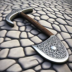 A high-quality digital art image, presenting a large battle axe, crafted from ornate silver with a sturdy wooden handle