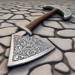 A high-quality digital art image, presenting a large battle axe, crafted from ornate silver with a sturdy wooden handle