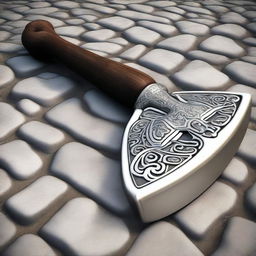 A high-quality digital art image, presenting a large battle axe, crafted from ornate silver with a sturdy wooden handle