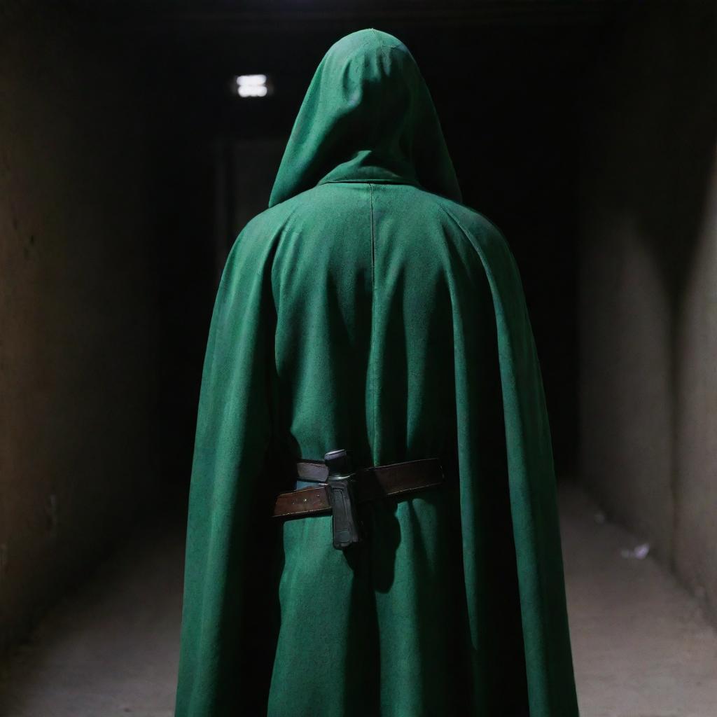 A rear view of an 18-year-old faceless IRGC guard, draped in a jade green military uniform, cloaked by a matching green cape, holding a Browning Colt pistol, surrounded by shadows in a dark security environment.