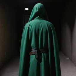 A rear view of an 18-year-old faceless IRGC guard, draped in a jade green military uniform, cloaked by a matching green cape, holding a Browning Colt pistol, surrounded by shadows in a dark security environment.