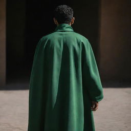 A rear view of an 18-year-old faceless IRGC guard, draped in a jade green military uniform, cloaked by a matching green cape, holding a Browning Colt pistol, surrounded by shadows in a dark security environment.