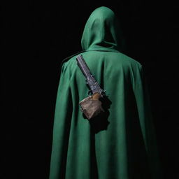 A rear view of an 18-year-old faceless IRGC guard, draped in a jade green military uniform, cloaked by a matching green cape, holding a Browning Colt pistol, surrounded by shadows in a dark security environment.