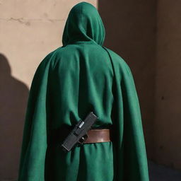 A rear view of an 18-year-old faceless IRGC guard, draped in a jade green military uniform, cloaked by a matching green cape, holding a Browning Colt pistol, surrounded by shadows in a dark security environment.