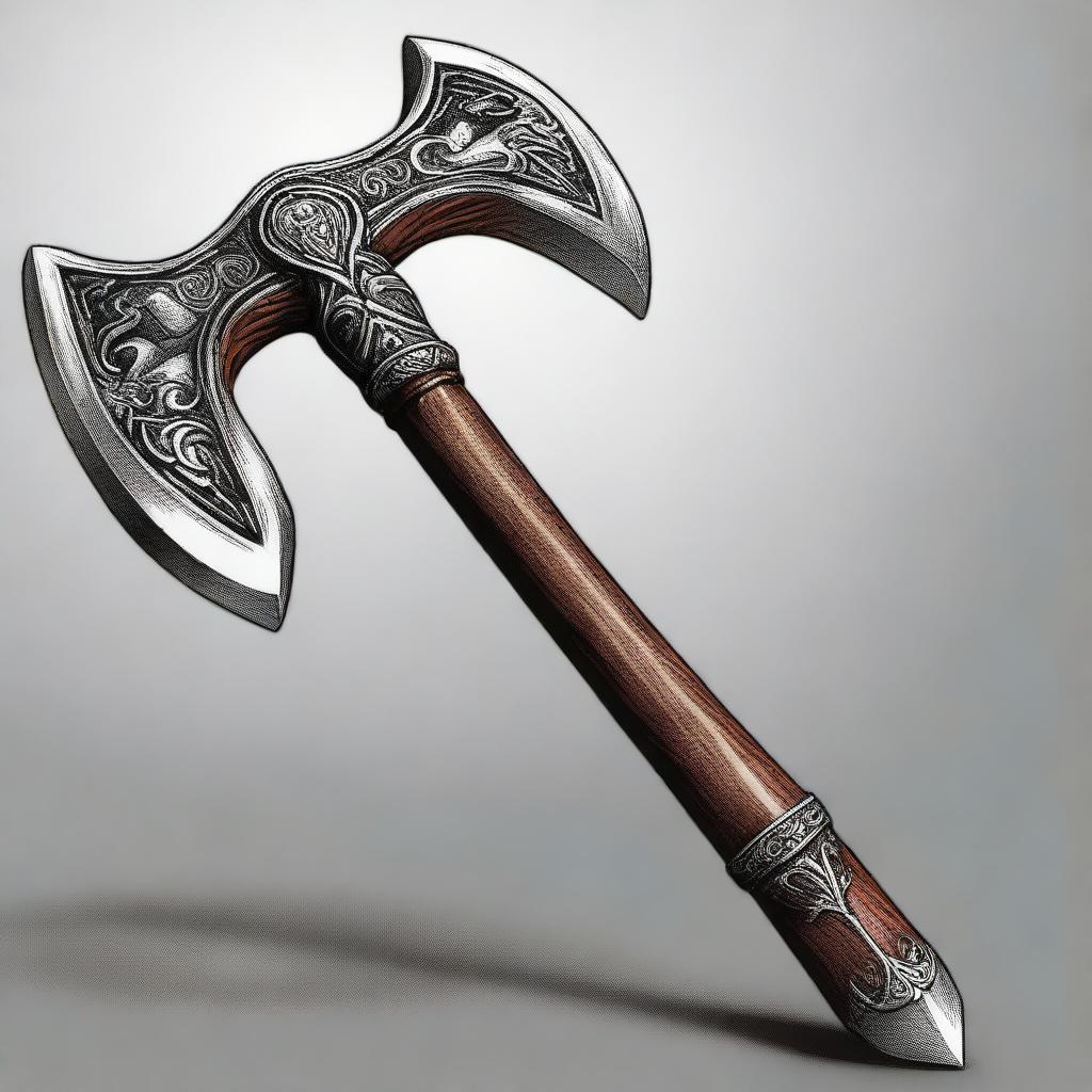 A high-quality digital art image, capturing a large battle axe, forged from ornate silver and complemented with a sturdy wooden handle