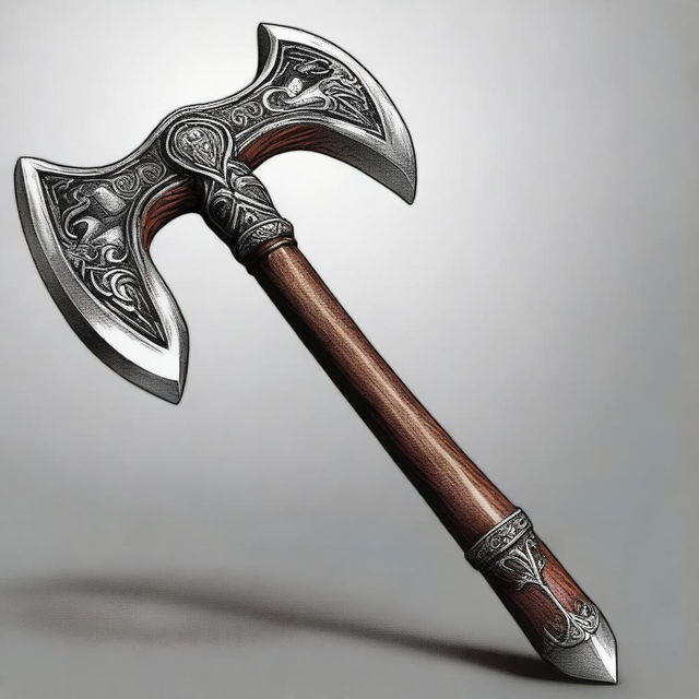 A high-quality digital art image, capturing a large battle axe, forged from ornate silver and complemented with a sturdy wooden handle