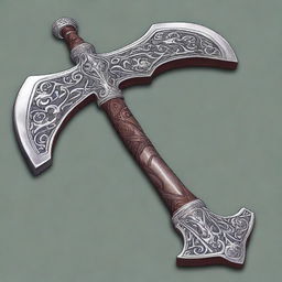 A high-quality digital art image, capturing a large battle axe, forged from ornate silver and complemented with a sturdy wooden handle