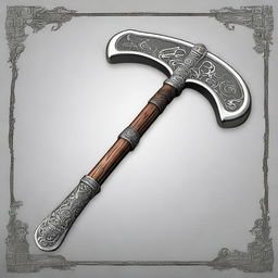 A high-quality digital art image, capturing a large battle axe, forged from ornate silver and complemented with a sturdy wooden handle