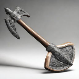 A high-quality digital art image, capturing a large battle axe, forged from ornate silver and complemented with a sturdy wooden handle