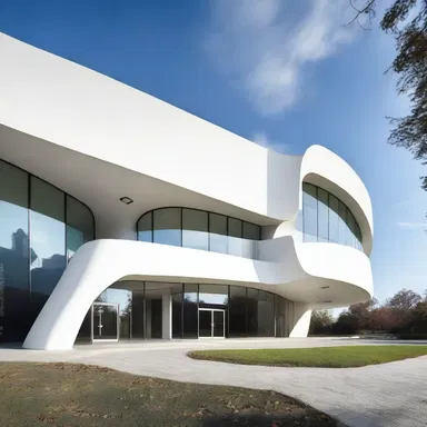 The curved lines and asymmetrical shapes in the design of the building serve as an incitation to the viewer's imagination.