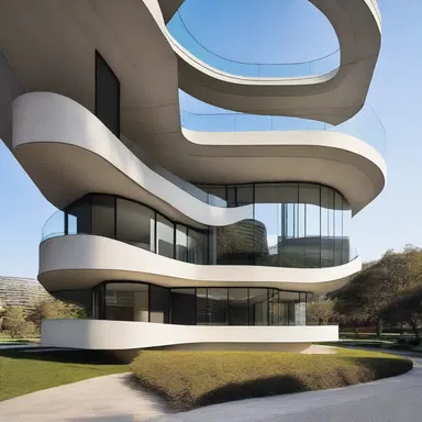 The curved lines and asymmetrical shapes in the design of the building serve as an incitation to the viewer's imagination.