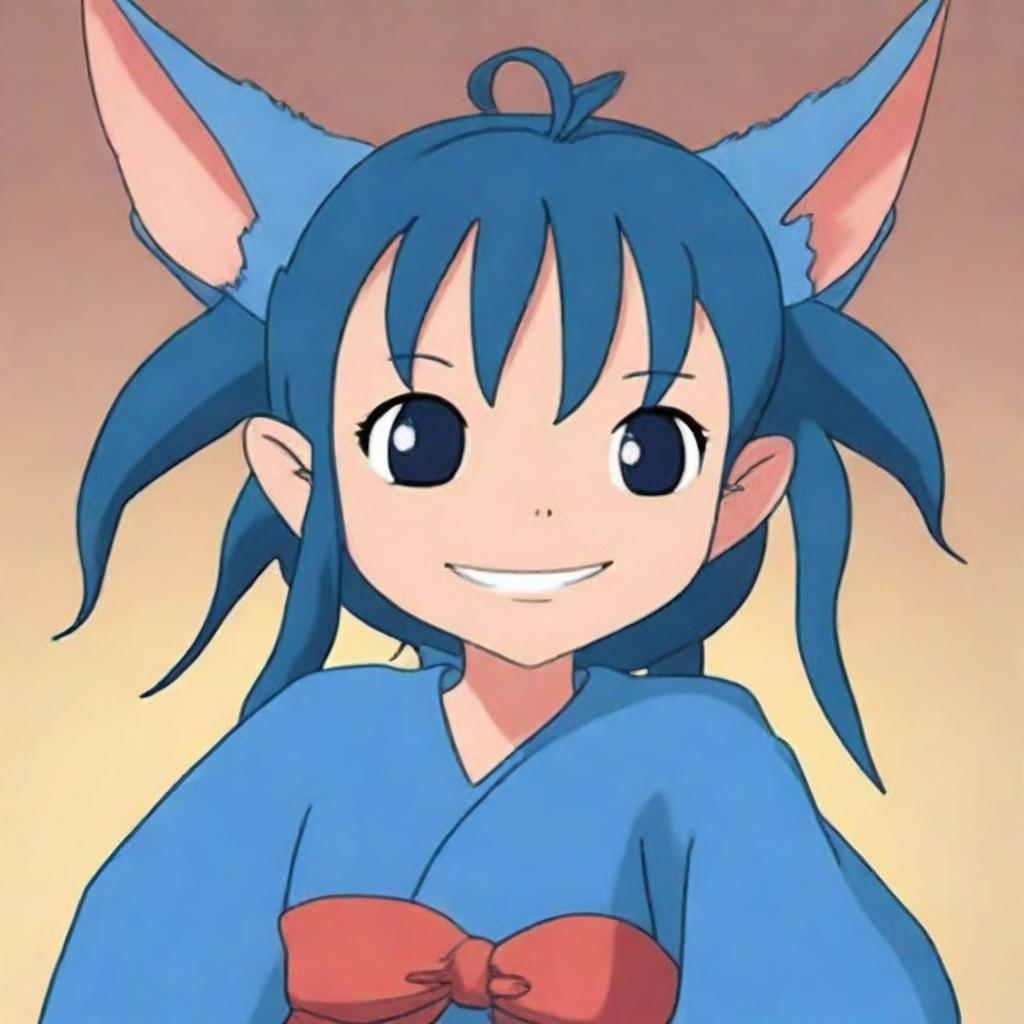 A high-quality, animated image in the style of Studio Ghibli, featuring a small tiefling girl with a joyful smile