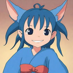 A high-quality, animated image in the style of Studio Ghibli, featuring a small tiefling girl with a joyful smile