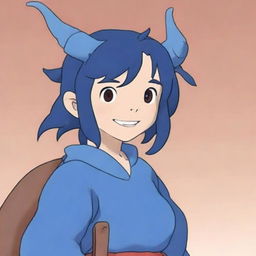 A high-quality, animated image in the style of Studio Ghibli, featuring a small tiefling girl with a joyful smile