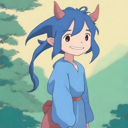 A high-quality, animated image in the style of Studio Ghibli, featuring a small tiefling girl with a joyful smile