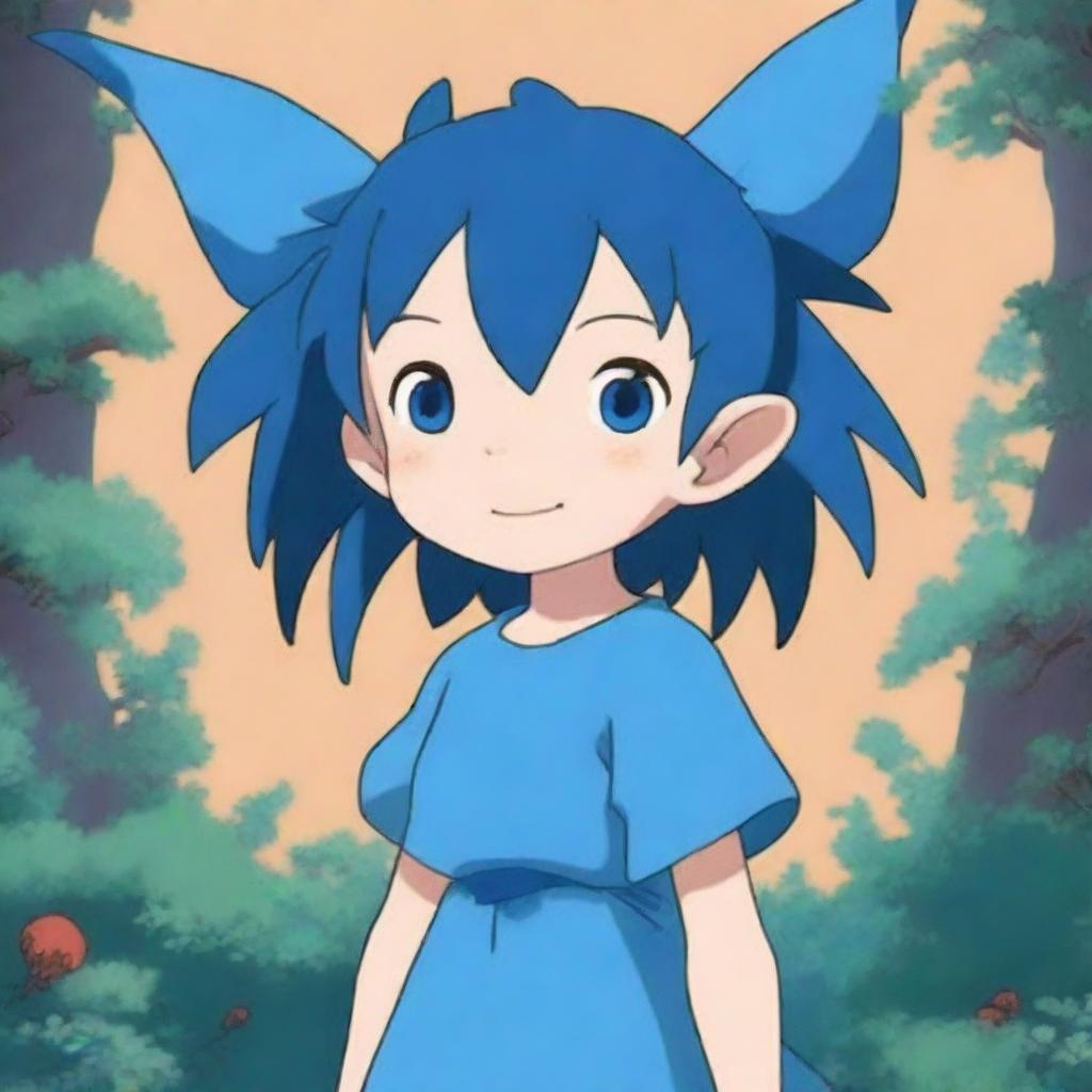 A high-quality, animated image in the style of Studio Ghibli, featuring a small tiefling girl with a joyful smile