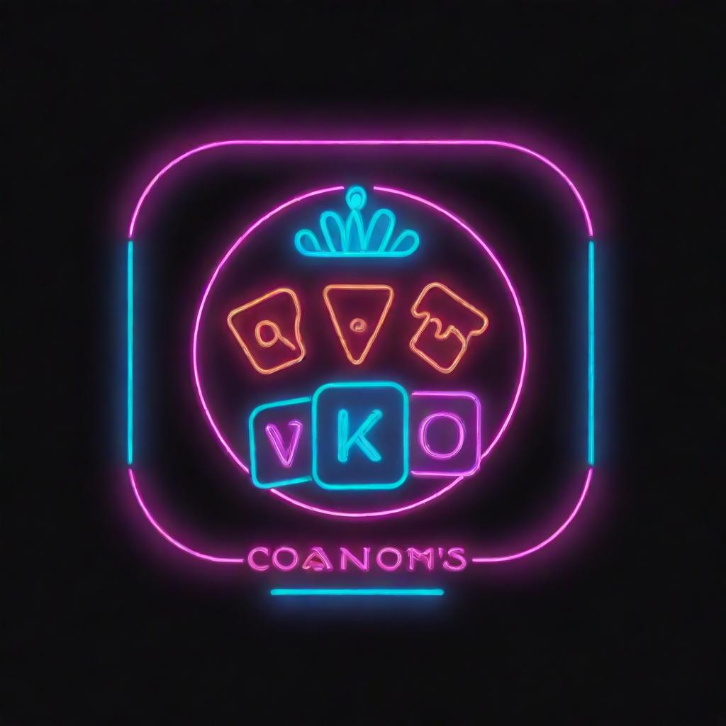 A bold and striking logo for a casino, featuring neon lights, gambling symbols such as cards and dice, and a classic Las Vegas vibe