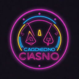 A bold and striking logo for a casino, featuring neon lights, gambling symbols such as cards and dice, and a classic Las Vegas vibe