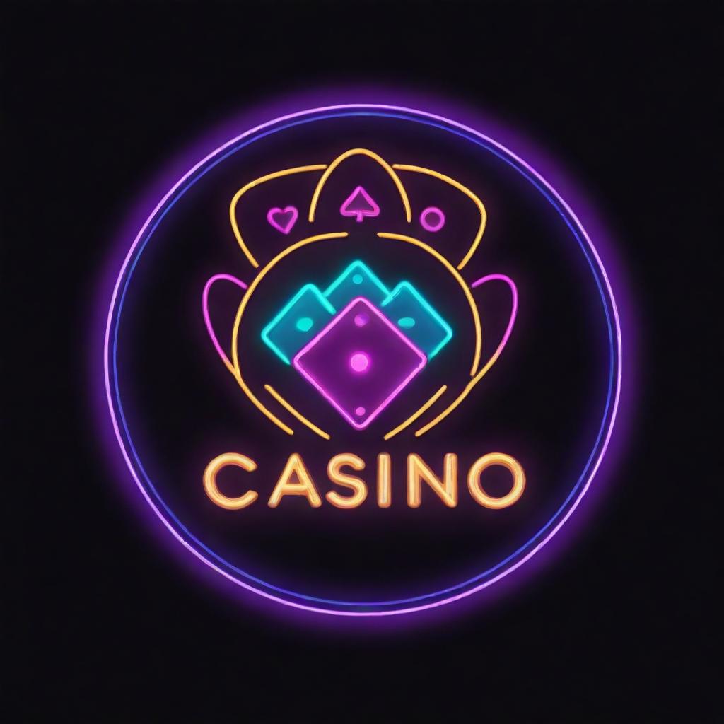 A bold and striking logo for a casino, featuring neon lights, gambling symbols such as cards and dice, and a classic Las Vegas vibe