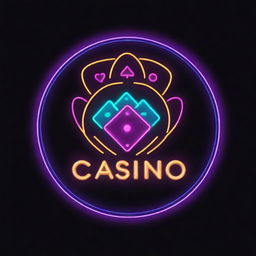 A bold and striking logo for a casino, featuring neon lights, gambling symbols such as cards and dice, and a classic Las Vegas vibe