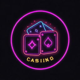 A bold and striking logo for a casino, featuring neon lights, gambling symbols such as cards and dice, and a classic Las Vegas vibe