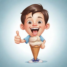 Cartoon sketch of a mischievous boy winking, giving a thumbs up, encapsulated inside an ice cream cone.