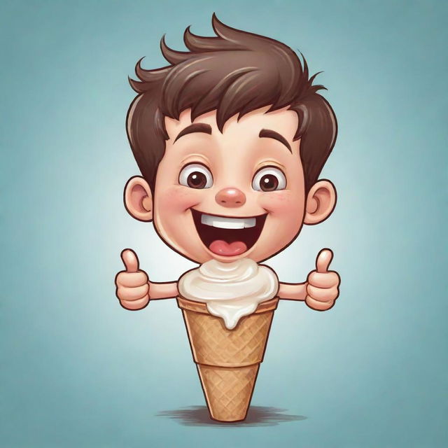 Cartoon sketch of a mischievous boy winking, giving a thumbs up, encapsulated inside an ice cream cone.