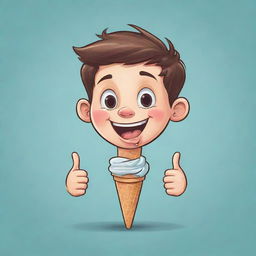 Cartoon sketch of a mischievous boy winking, giving a thumbs up, encapsulated inside an ice cream cone.