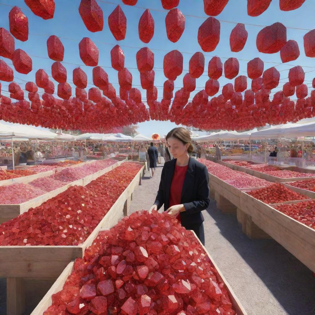 Render a 3D image of a woman buying vibrant red crystals at a large, open-air market, with a clear sky overhead. The stalls and surroundings are filled with sparkling red crystal commodities.