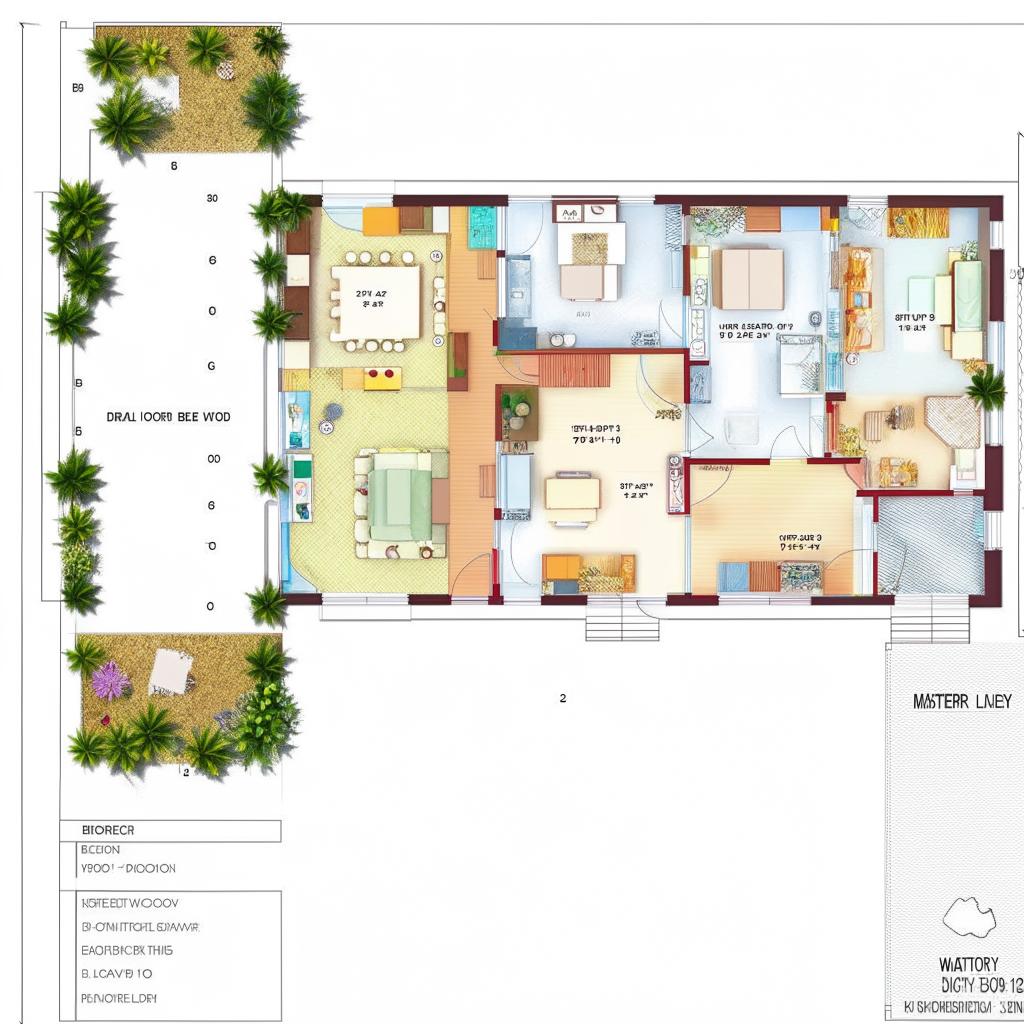 Floor plan, 17x12m single-story layout, self-contained master bedroom, three additional bedrooms, kitchen, toilet, bathroom, dining, family room, labeled.